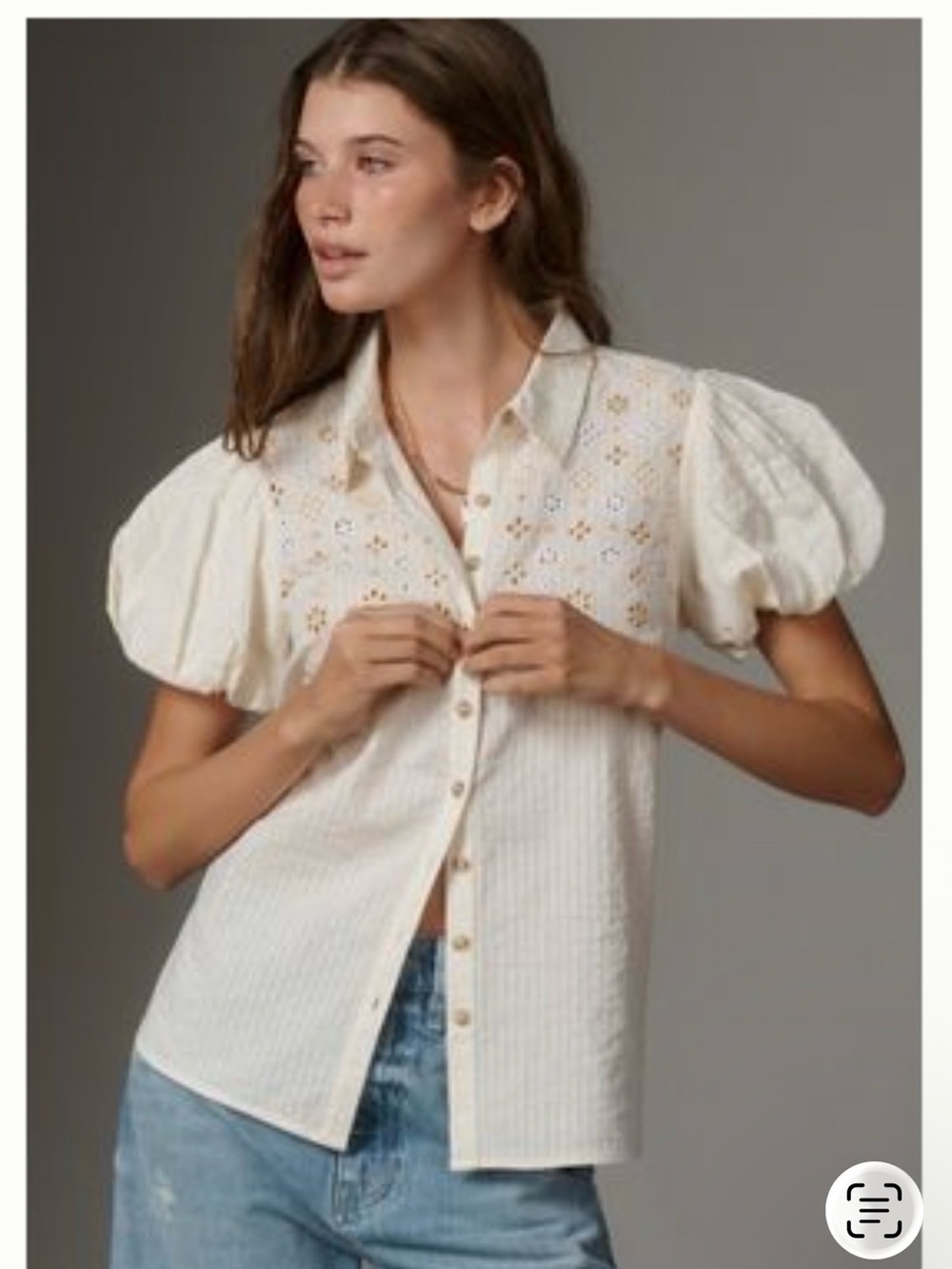 Anthropologie Pilcro Eyelet Cotton Puff-Sleeve Button-Up Cream, NWT, size Medium